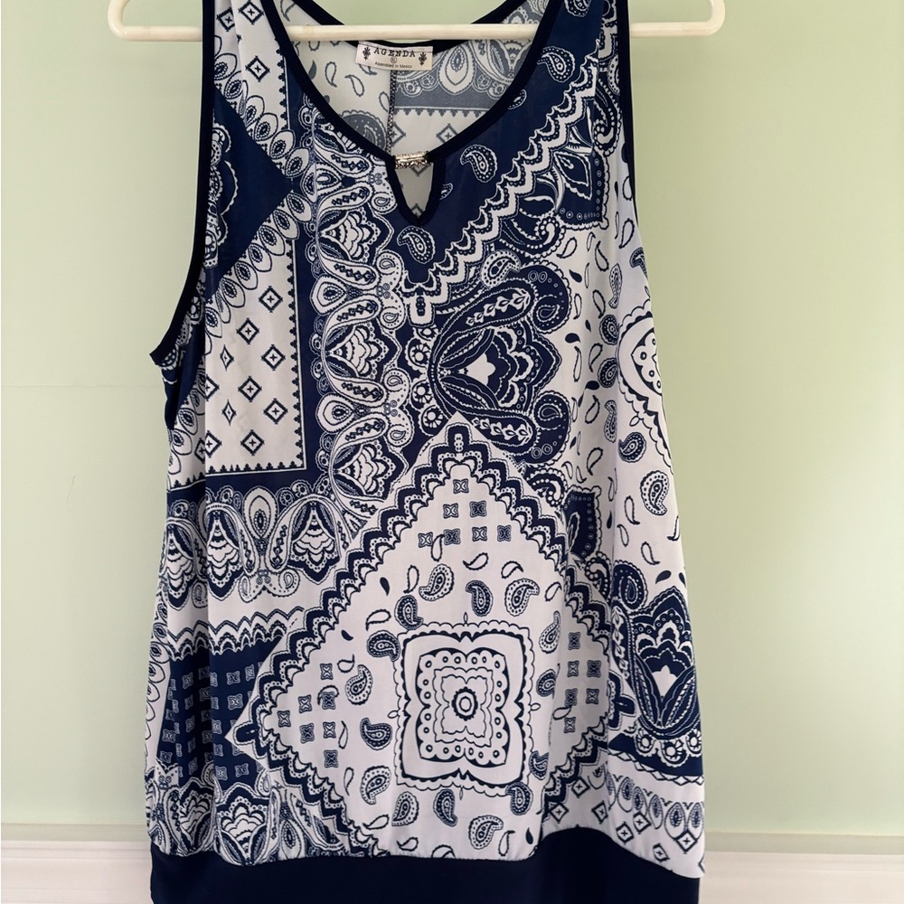 Agenda Blue and White Tank Top with Paisley Print
